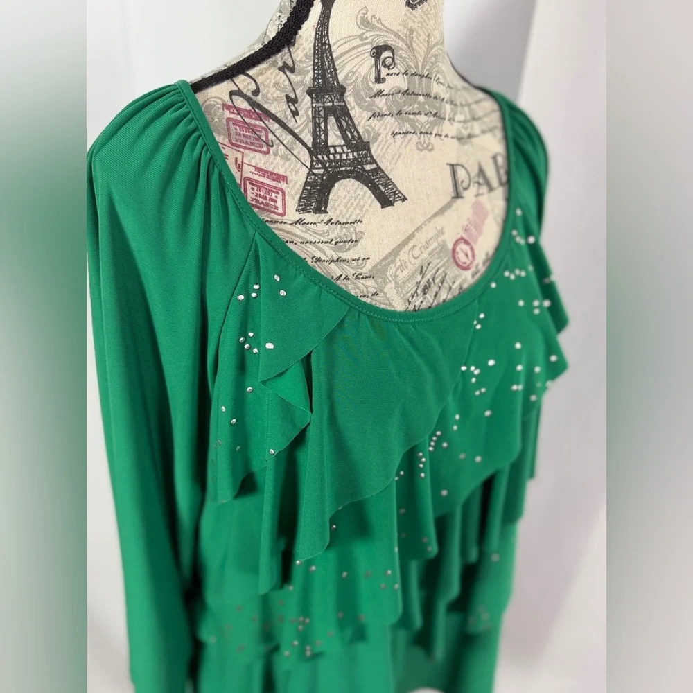 Notations Emerald Green Rhinestone Ruffle Top Size L | Boho Glam Layered Blouse